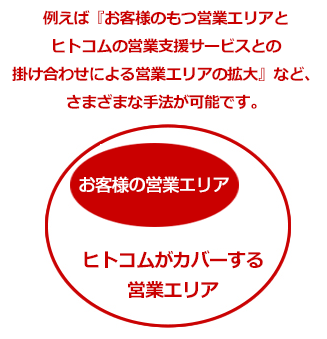 お例えば『お客様のもつ営業エリアとヒトコムの営業支援サービスとの掛け合わせによる営業エリアの拡大』など、さまざまな手法が可能です。